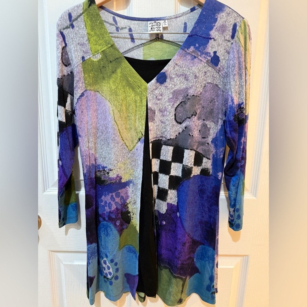 Parsley & Sage Graphic Asymmetrical Blue Green Blouse
